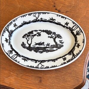 Vintage Black and White Oval Small Serving Platter with Hunting Motif